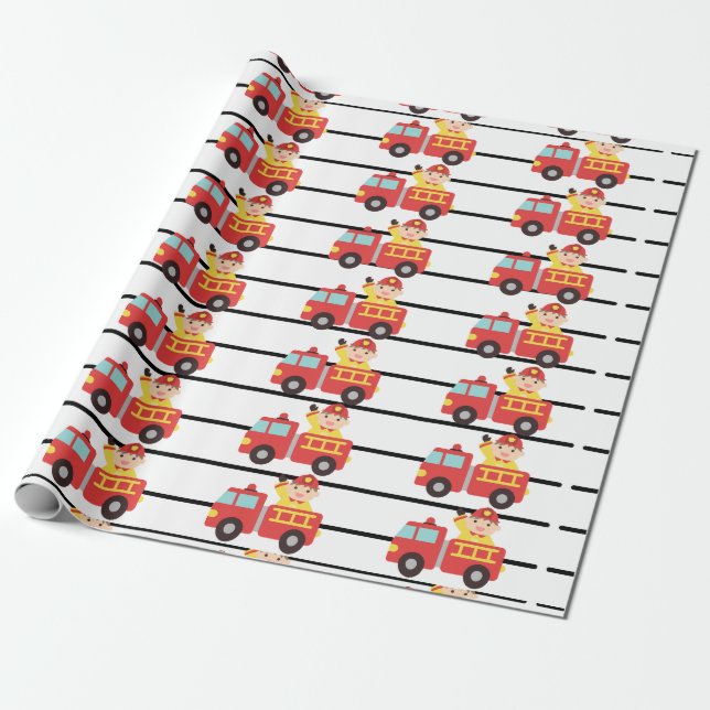 Papier Cadeau Motif de camion de pompier rouge et d'incendie (Déroulé)