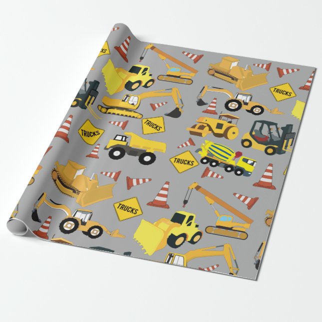 Papier Cadeau Motif de camions de construction (Déroulé)