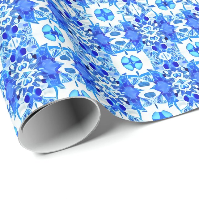 Papier Cadeau Motif de carreaux Bleu et Blanc Cobalt (Coin rond)