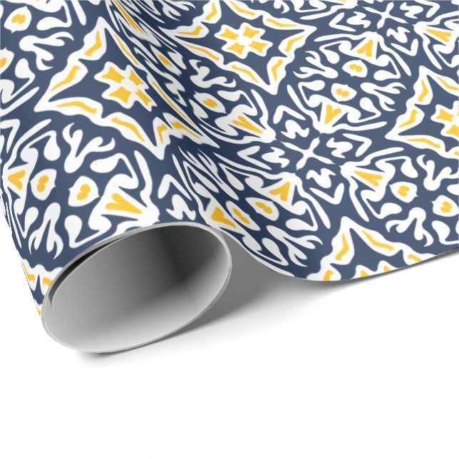 Papier Cadeau Motif de carreaux de marine et jaune espagnol (Coin rond)