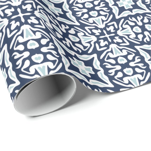 Papier Cadeau Motif de carreaux espagnols marine et blanc (Coin rond)