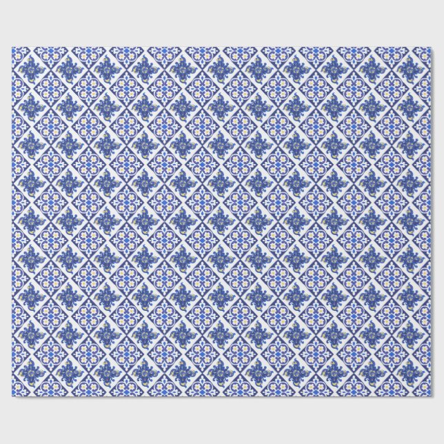 Papier Cadeau Motif de carreaux italiens jaunes bleus pour une f (Plat)