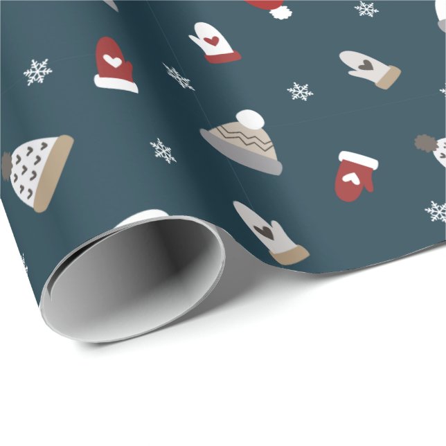 Papier Cadeau Motif de Casquette et de gants en laine d'hiver (Coin rond)
