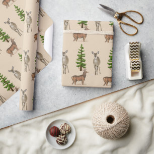 Papier Cadeau Motif de cerfs et de sapin à style rustique