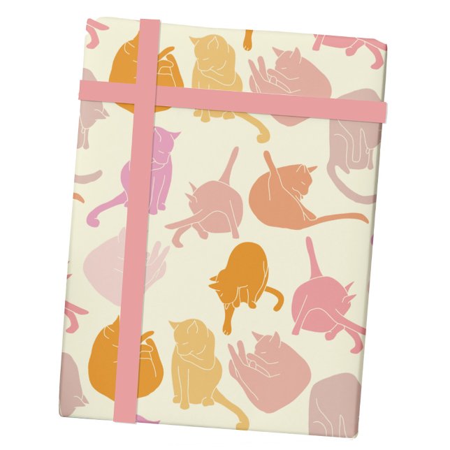 Papier Cadeau Motif de chat moderne rose orange (Cat pattern gift wrap paper roll)