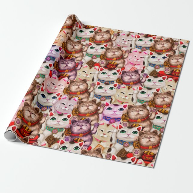 Papier Cadeau Motif de chats Maneki-neko (Déroulé)