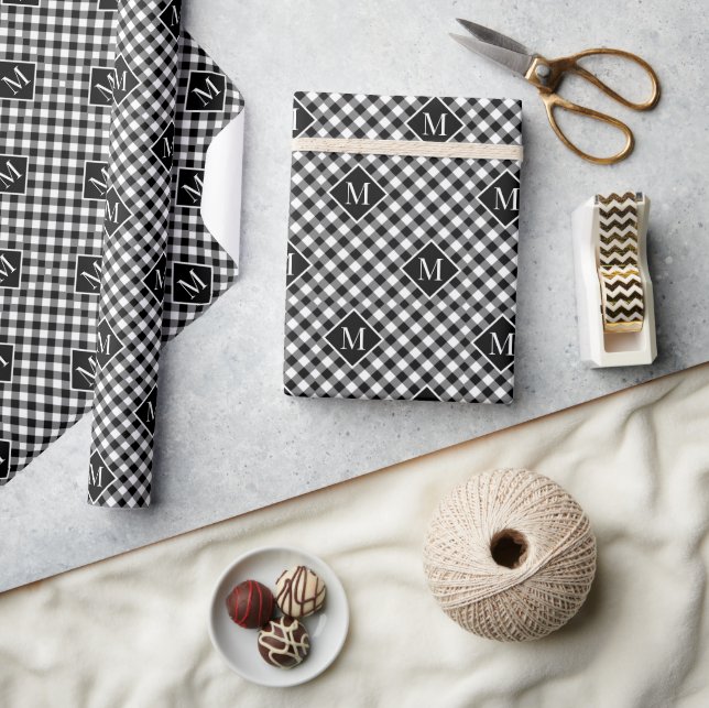Papier Cadeau Motif de chèque de bison noir blanc monogramme (Artisanat)