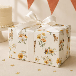 Papier Cadeau Motif de cheval et de papillon de fleur sauvage or