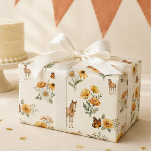 Papier Cadeau Motif de cheval et de papillon de fleurs sauvages 