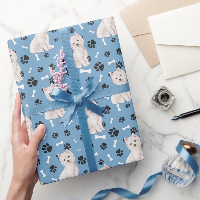 Papier Cadeau Motif de chien blanc Westie sur bleu (Cadeaux)