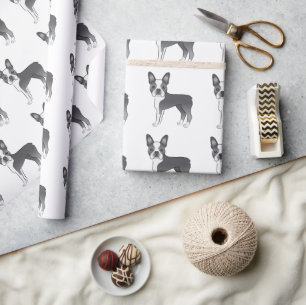 Papier Cadeau Motif de chien de dessin animé Boston Terrier bleu