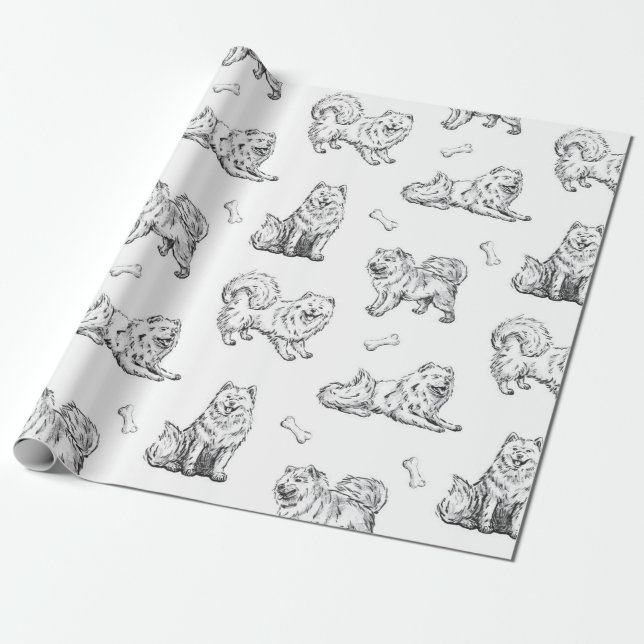 Papier Cadeau Motif de chiens Samoyés (Déroulé)