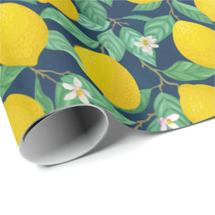Papier Cadeau Motif de citron bleu de la marine jaune