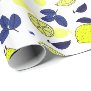 Papier Cadeau Motif de citrons jaune bleu marine