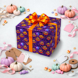 Papier Cadeau Motif de citrouille cosmique violet vibrant