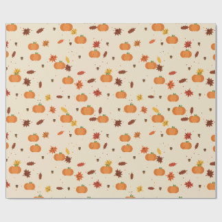 Papier Cadeau Motif de citrouilles et de glands de feuilles d'au