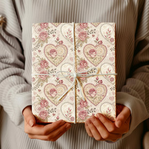 Papier Cadeau Motif de cœur de mandala de rose d'ivoire vintage