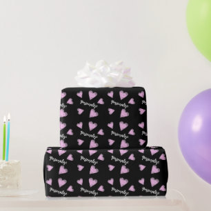 Papier Cadeau Motif de cœurs à l'aquarelle noir et rose mignon