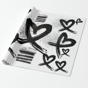 Papier Cadeau Motif de Coeurs Noir et Blanc Peint Chic