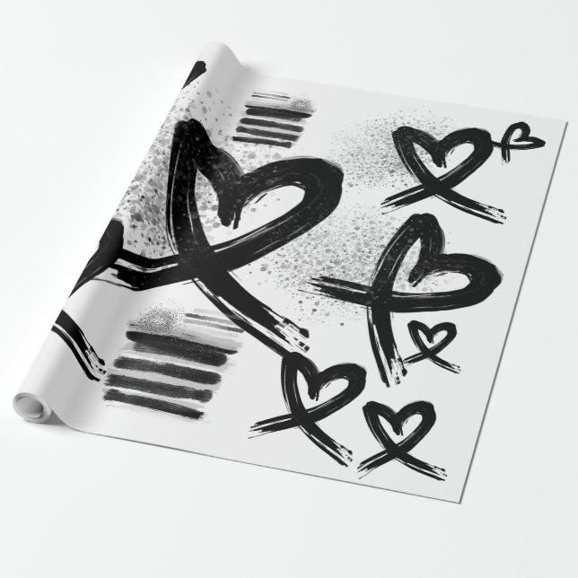 Papier Cadeau Motif de Coeurs Noir et Blanc Peint Chic (Déroulé)