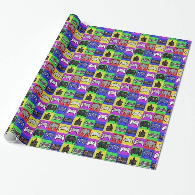Papier Cadeau Motif de contrôleur Pixel Retro Rainbow Gamer (Déroulé)