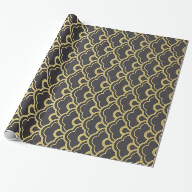 Papier Cadeau Motif de coquilles cranté par noir de feuille d'or (Déroulé)