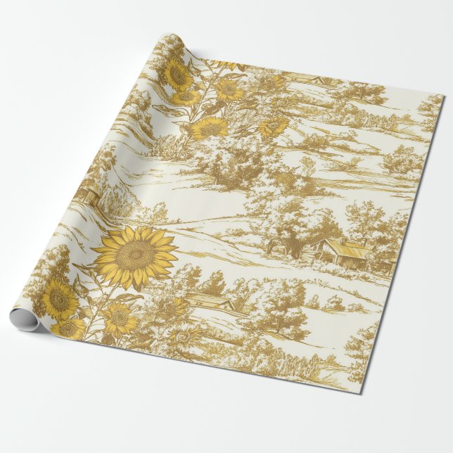 Papier Cadeau Motif de cottage d'été au tournesol doré (Déroulé)