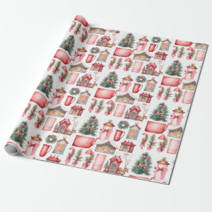 Papier Cadeau Motif de couronnes d'arbre de Noël rose rouge