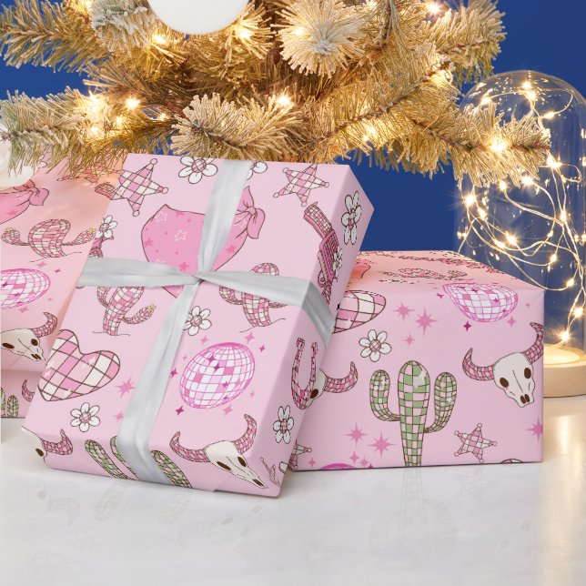 Papier Cadeau Motif de cowgirl western disco rose (Vacances)
