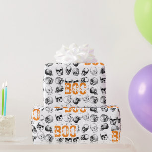Papier Cadeau Motif de crâne Éffrayant Orange Boo Halloween