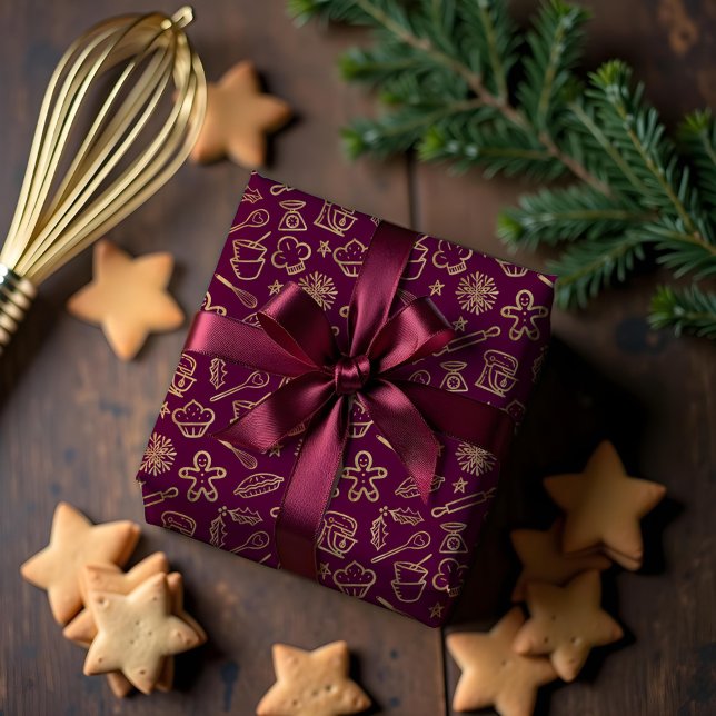 Papier Cadeau Motif de cuisson de Noël rouge et or chatoyant (Shimmering Gold & Red Christmas Baking Pattern Wrapping Paper)
