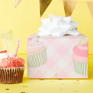 Papier Cadeau Motif de cupcakes mignons à carreaux rose pastel