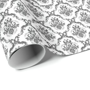 Papier Cadeau Motif de Damas florales blanches et grises