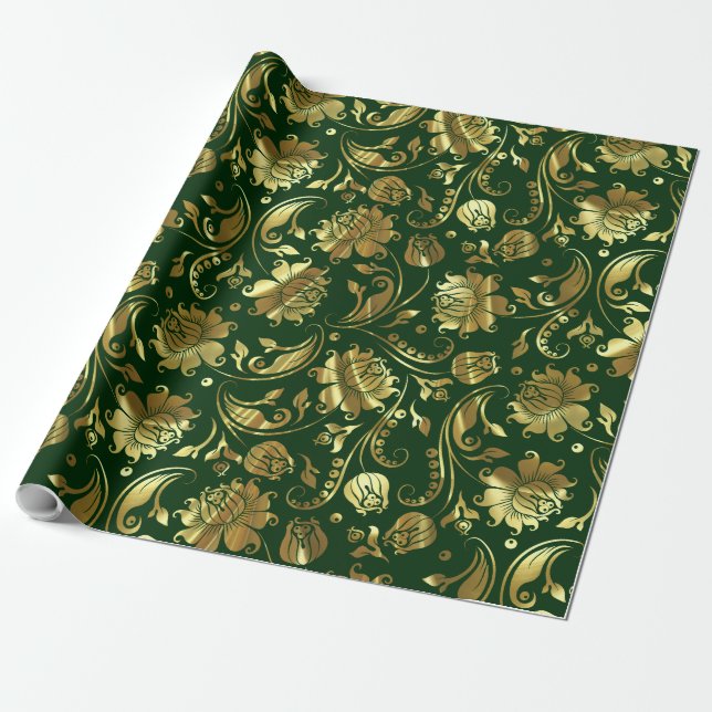 Papier Cadeau Motif de Damas Vert foncé et Or brillant (Déroulé)