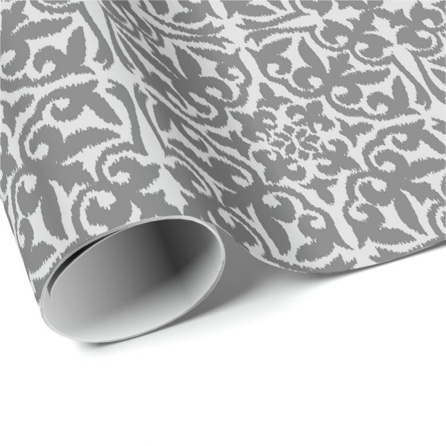 Papier Cadeau Motif de damassé d'Ikat - lumière et gris moyen (Coin rond)