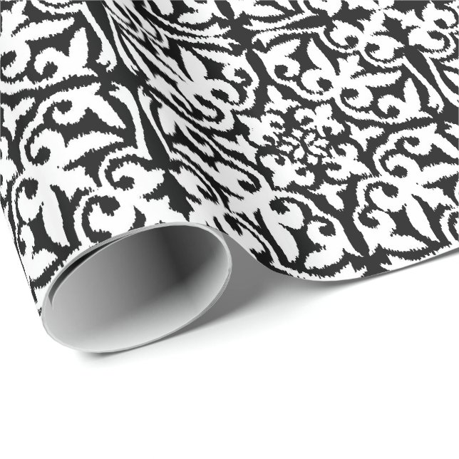 Papier Cadeau Motif de damassé d'Ikat - noir et blanc (Coin rond)