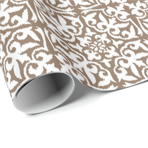 Papier Cadeau Motif de damassé d'Ikat - Taupe Tan et blanc