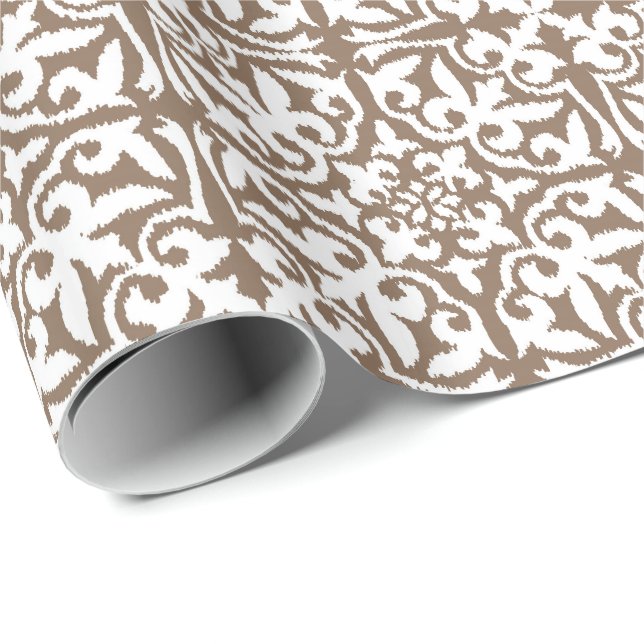 Papier Cadeau Motif de damassé d'Ikat - Taupe Tan et blanc (Coin rond)