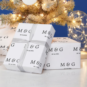 Papier Cadeau Motif de date à monogramme personnalisé blanc