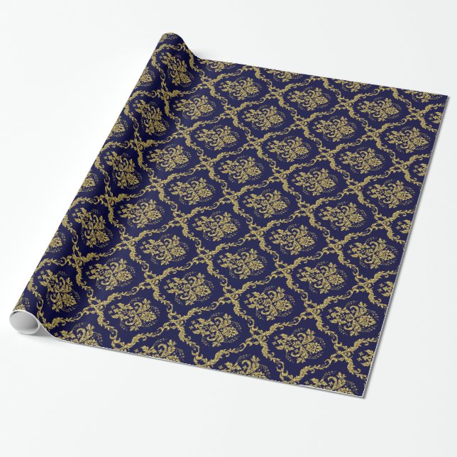 Papier Cadeau Motif de dentelle bleu et or Floral (Déroulé)