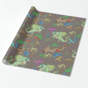 Papier Cadeau Motif de dragon de forêt enchanté