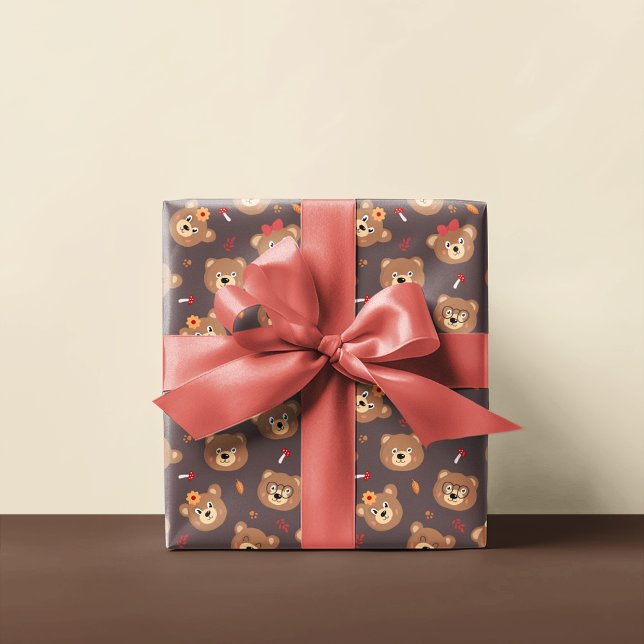 Papier Cadeau Motif de face de l'ours mignon | BROWN (Créateur téléchargé)