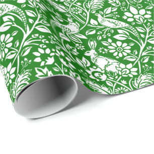 Papier Cadeau Motif de faisan et lièvre, vert émeraude et blanc