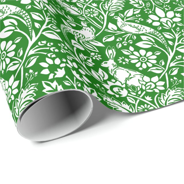 Papier Cadeau Motif de faisan et lièvre, vert émeraude et blanc (Coin rond)