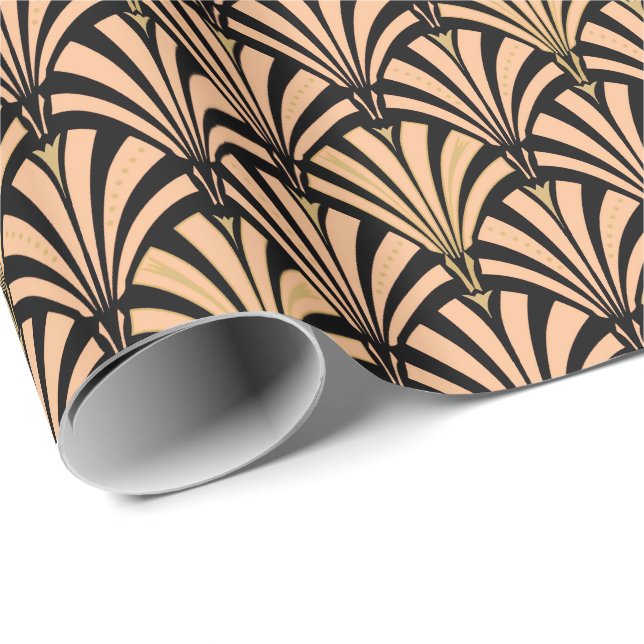 Papier Cadeau Motif de fan d'art déco - pêche sur le noir (Coin rond)