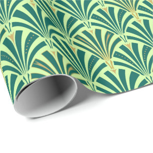 Papier Cadeau Motif de fan d'art déco - pin et vert en bon état