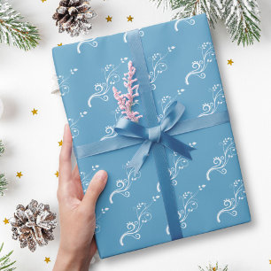 Papier Cadeau Motif de feuillage blanc élégant sur fond bleu