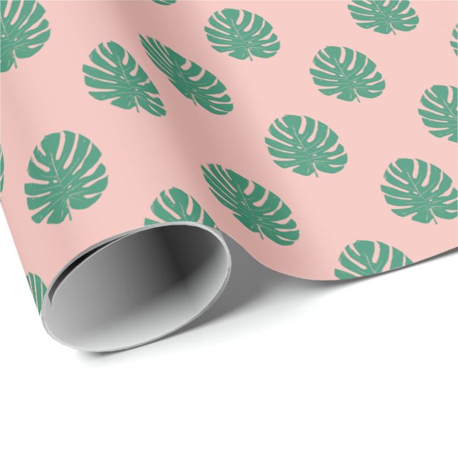 Papier Cadeau Motif de feuille Monstera Tropical en rose et vert (Coin rond)