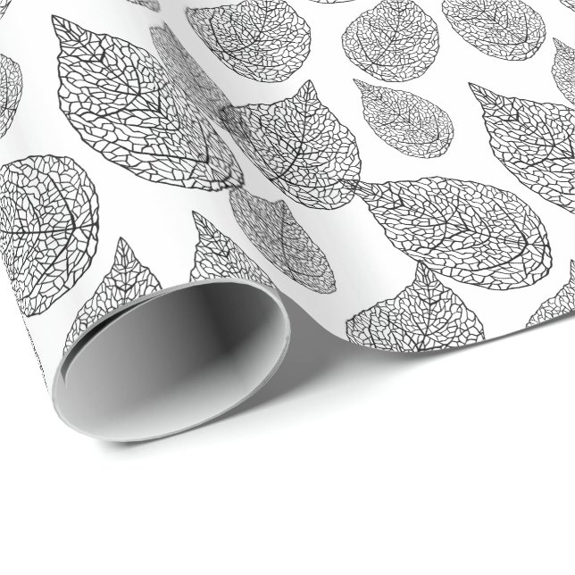 Papier Cadeau Motif De Feuilles Abstraites Noires Et Blanches (Coin rond)