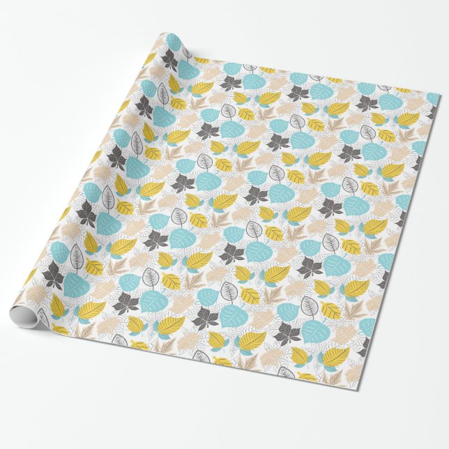 Papier Cadeau Motif de feuilles d'automne Whimsical | Bleu et ja (Déroulé)